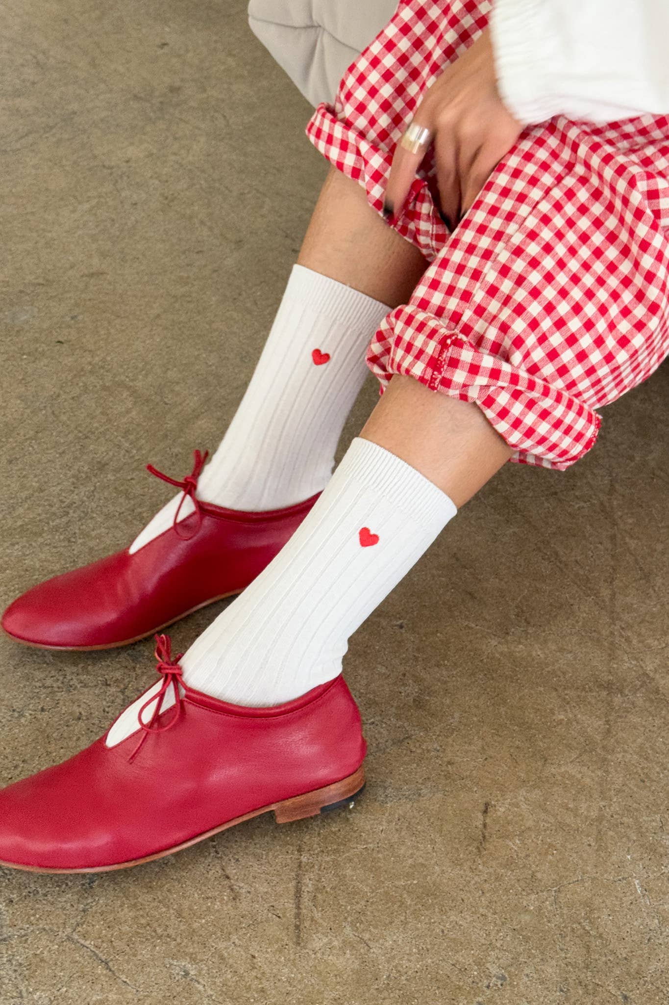 Embroidered Her Socks - Mercerized Combed Cotton Rib: Classic Red + Heart
