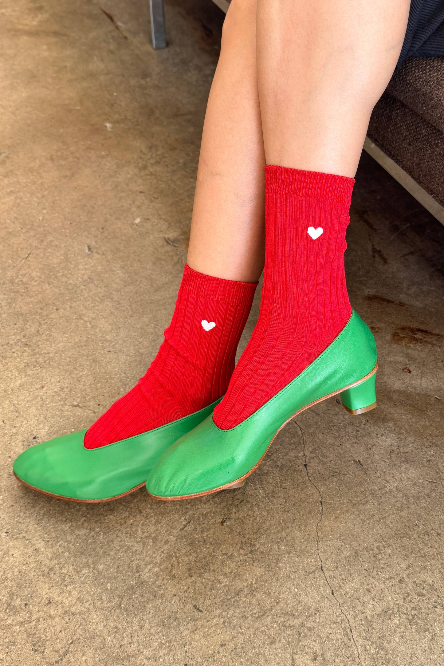 Embroidered Her Socks - Mercerized Combed Cotton Rib: Classic Red + Heart