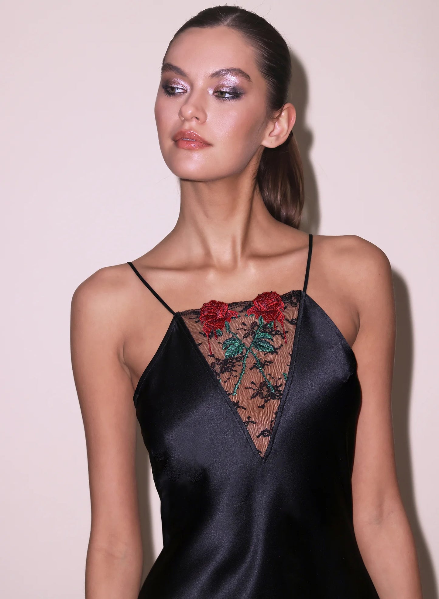 Vampire Rose Embroidery Silk Slip Dress