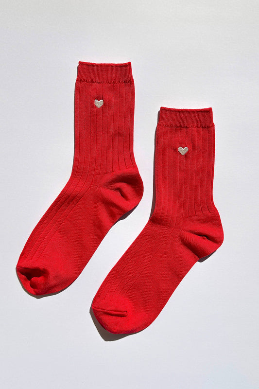 Embroidered Her Socks - Mercerized Combed Cotton Rib: Classic Red + Heart