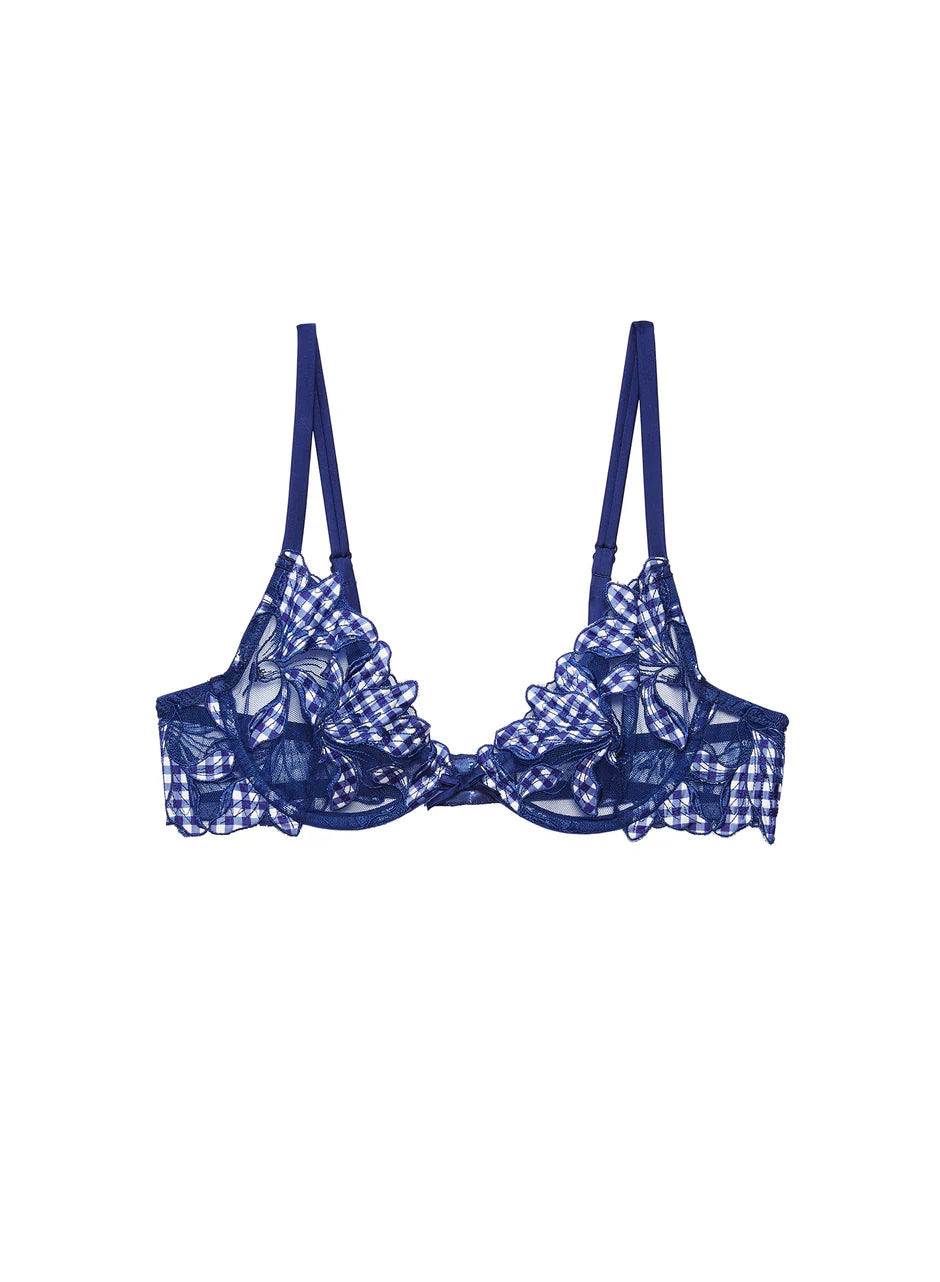Lily Embroidery Plunge Demi Bra Starry Blue Gingham
