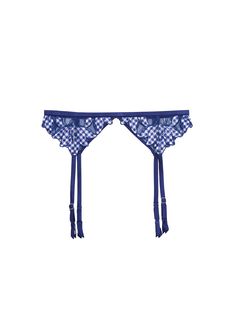 Lily Embroidery Garter Belt Starry Blue Gingham
